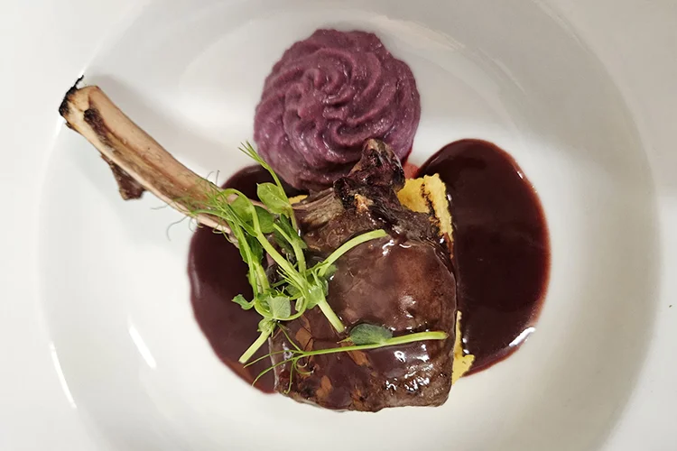 Ein Feinschmeckergericht mit einem Lammkotelett mit Knochen, das mit Mikrogrün belegt ist und mit cremigem violettem Kartoffelpüree und einer reichhaltigen, dunklen Sauce auf einem weißen Teller serviert wird.